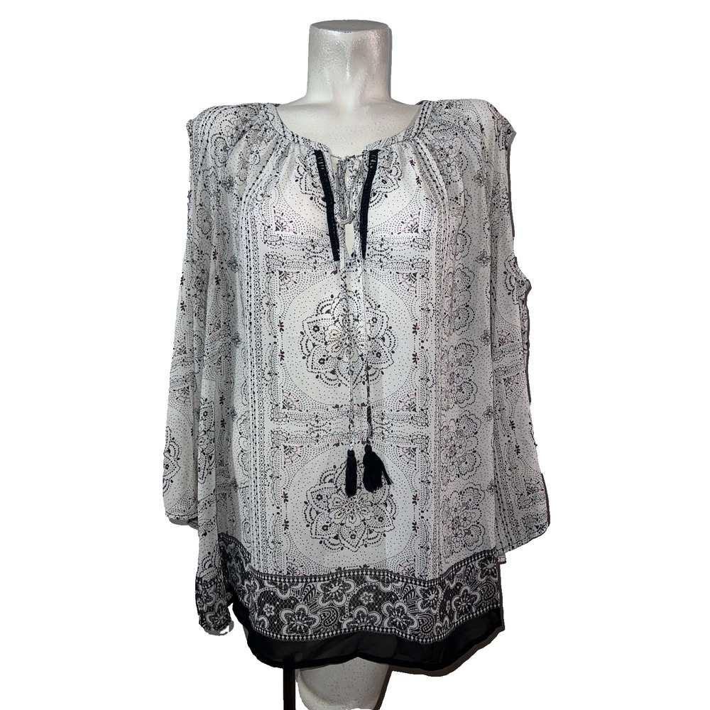 Black Rainn Womens 3X White Black Paisley Cold Shoulder Tassel Boho Blouse Top
